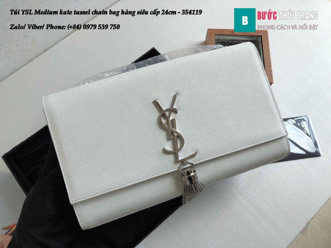 Túi YSL Medium kate tassel chain màu trắng tag bạc size 24cm ...