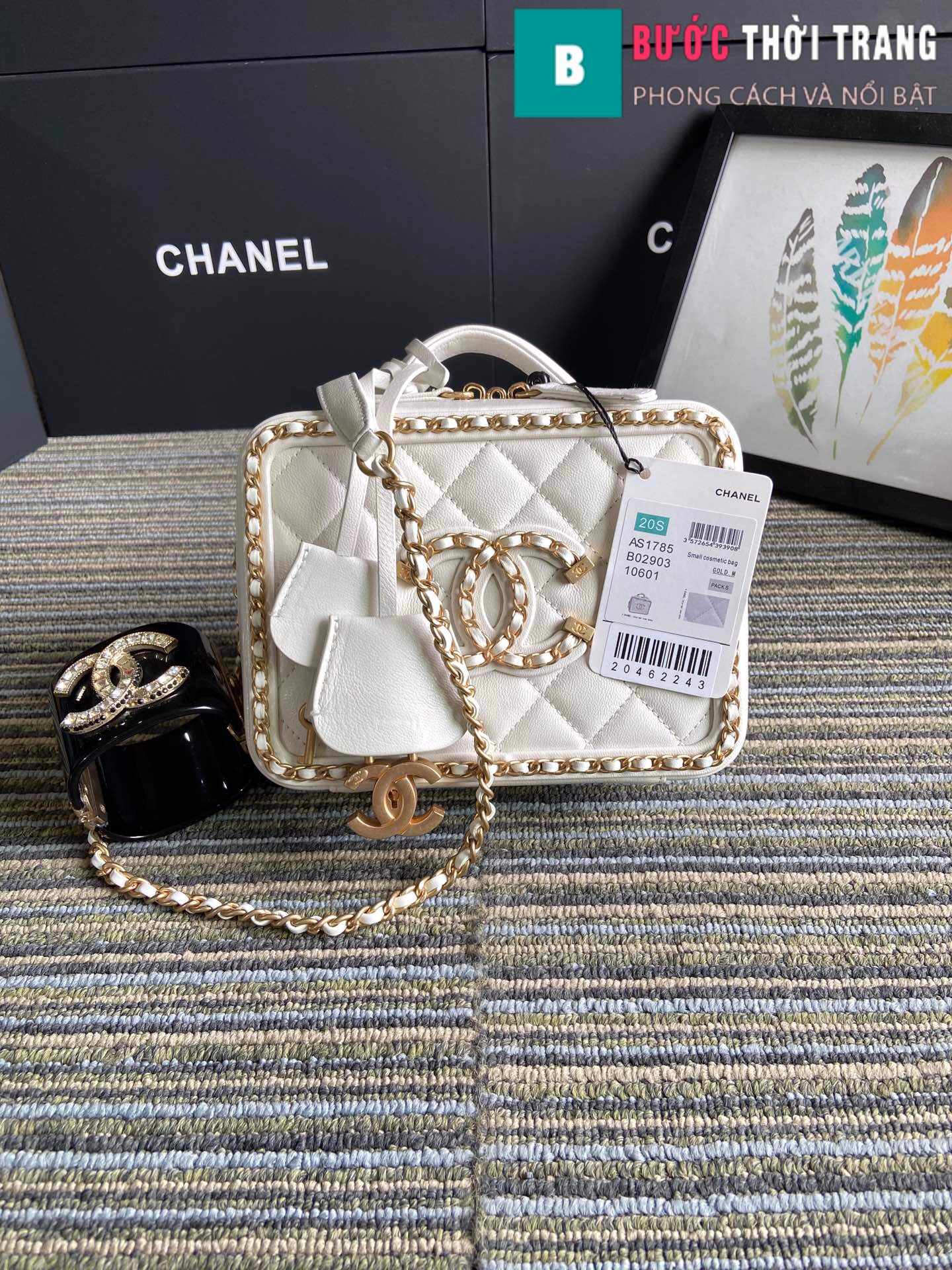 Túi xách Chanel Vanity case bag siêu cấp viền xích màu trắng size