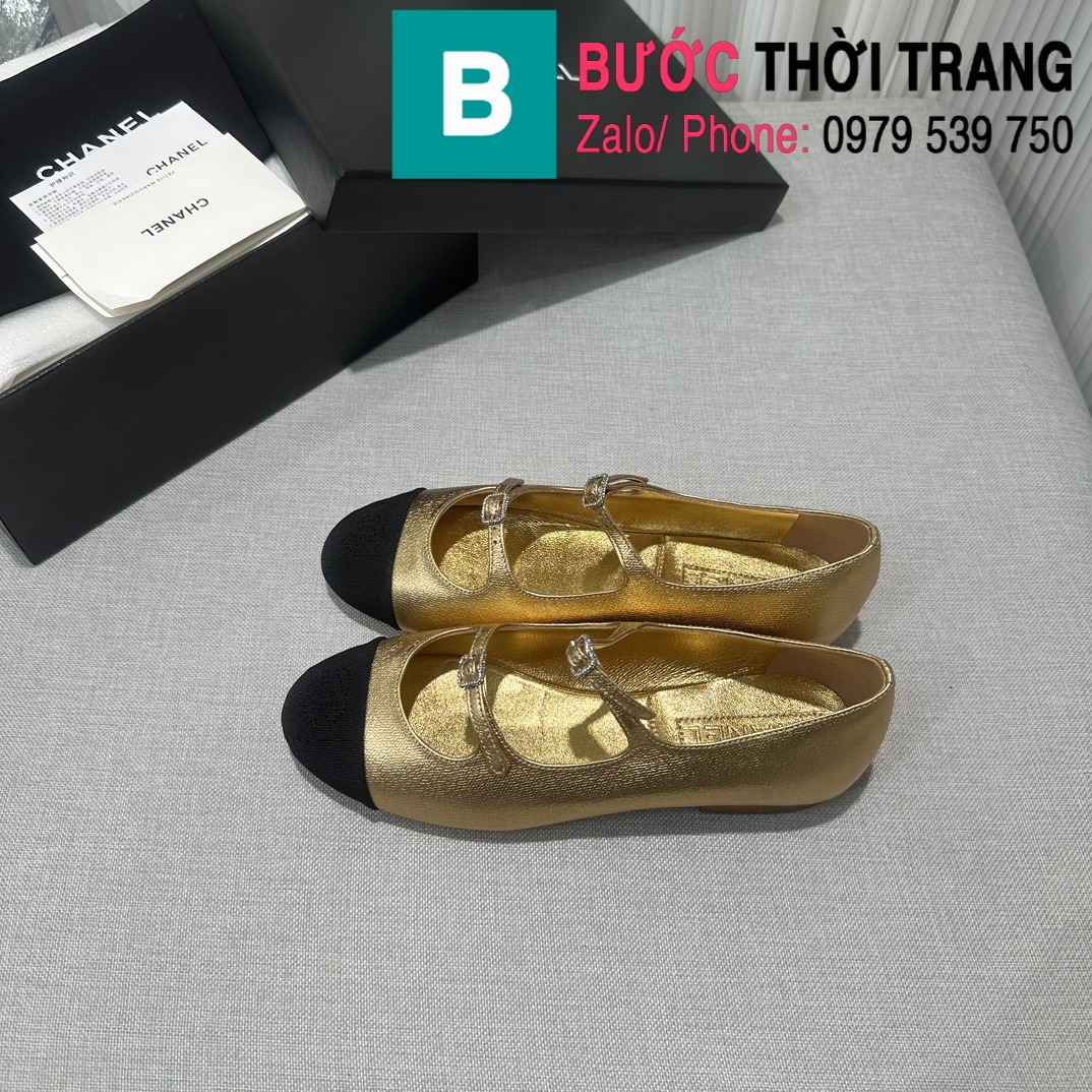 Chanel Gold Metallic Leather with Black Cap Toe Elastic Flats Shoes Ba   AvaMaria