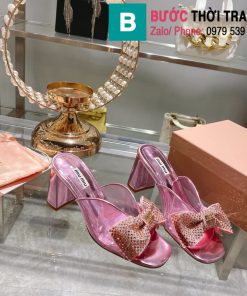 Giày cao gót Miu Miu đế vuông nơ đính đá màu hồng