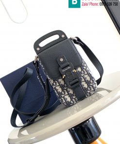 Túi xách Oblique cao cấp da bò & canvas màu xanh size 11cm