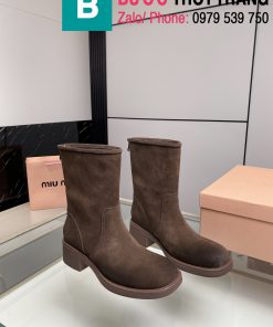 Boot da nỉ Miumiu cổ lửng mũi tròn khóa kéo sau màu nâu