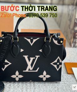 Túi xách Lv onthego màu đen logo chữ trắng nổi bật size 25x20 cm