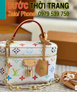 Túi xách lv size 19 cm nhỏ xinh, túi màu trắng họa tiết logo màu sắc.