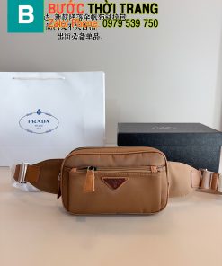 Túi xách đeo bụng prada màu nâu và xanh rêu vải re-nylon bền bỉ size 21 cm