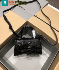 Túi Balenciaga Hourglass Embossed màu đen dập vân da cá sấu size 19cm