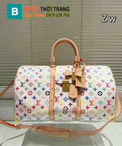 Túi xách Lv keepall màu trắng size 47 cm, túi họa tiết logo màu sắc