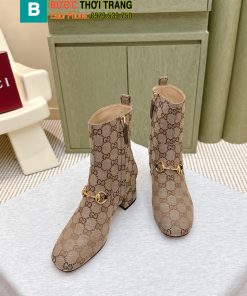 Bốt cao cổ Gucci màu nâu canvas mũi tròn cực đẹp