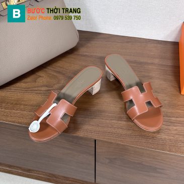 Dép cao gót Hermes màu nâu đế gỗ 5 cm sang trọng