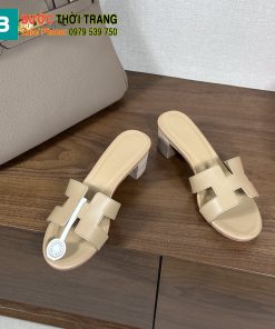Dép cao gót Hermes màu be đế gỗ 5 cm sang trọng