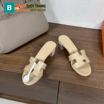 Dép cao gót Hermes màu be đế gỗ 5 cm sang trọng