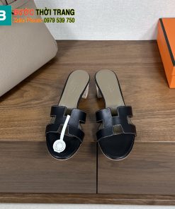 Dép cao gót Hermes màu đen đế gỗ 5 cm sang trọng