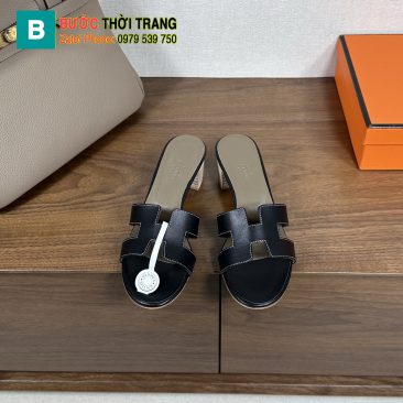 Dép cao gót Hermes màu đen đế gỗ 5 cm sang trọng