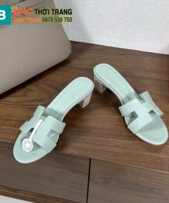 Dép cao gót Hermes màu xanh ngọc đế gỗ 5 cm sang trọng