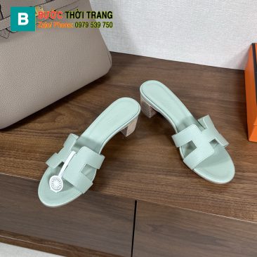 Dép cao gót Hermes màu xanh ngọc đế gỗ 5 cm sang trọng