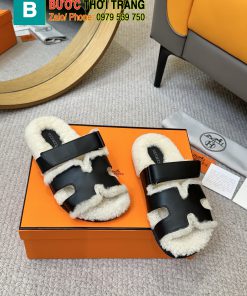 Dép lông Hermes mềm êm ấm áp, quai đen sang trọng