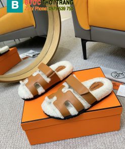 Dép lông Hermes mềm êm ấm áp, quai nâu sang trọng