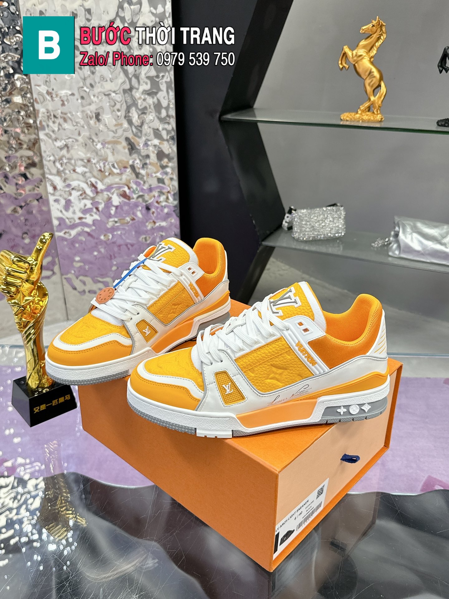 Giày LV Trainer hàng siêu cấp màu vàng chất liệu da đẹp