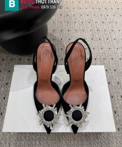 Giày cao gót Amina Muaddi chất lụa mũi nhọn màu đen cao 9.5 cm