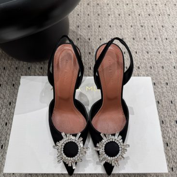 Giày cao gót Amina Muaddi chất lụa mũi nhọn màu đen cao 9.5 cm