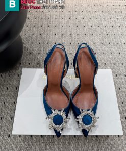 Giày cao gót Amina Muaddi chất lụa mũi nhọn màu xanh dương cao 9.5 cm