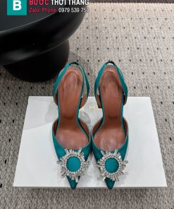 Giày cao gót Amina Muaddi chất lụa mũi nhọn màu xanh ngọc cao 9.5 cm