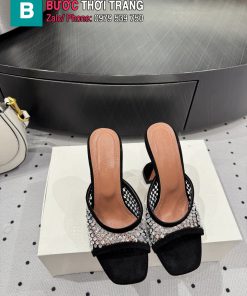 Guốc cao gót Amina Muaddi màu đen đính hạt chất da đan lưới mũi vuông cao 9.5cm