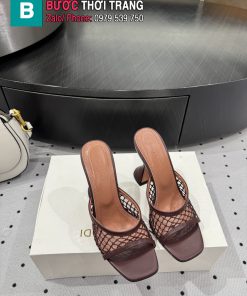 Guốc cao gót Amina Muaddi màu nâu chất da đan lưới mũi vuông cao 9.5cm