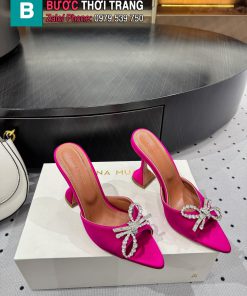 Guốc cao gót Amina Muaddi màu hồng cánh sen chất lụa mũi nhọn cao 9.5cm