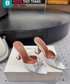 Guốc cao gót Amina Muaddi màu trắng da bóng mũi nhọn cao 9.5cm