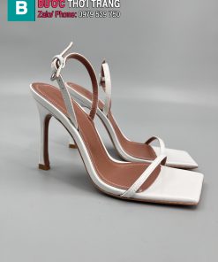 Sandan cao gót Amina Muaddi màu trắng bóng mũi vuông cao 9.5cm