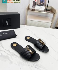 Dép YSL nữ đế bệt màu đen ngà logo đính nổi bật