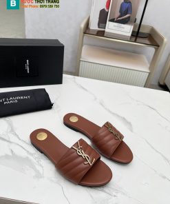 Dép YSL nữ đế bệt màu nâu logo đính nổi bật