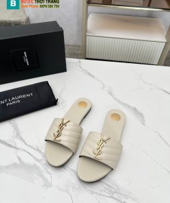 Dép YSL nữ đế bệt màu trắng ngà logo đính nổi bật