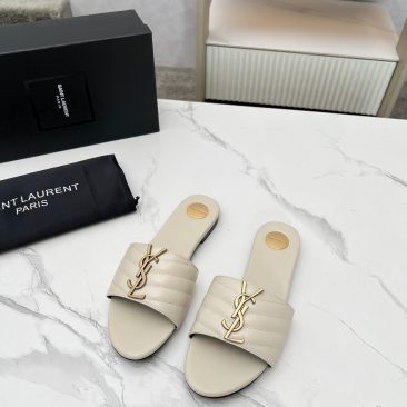 Dép YSL nữ đế bệt màu trắng ngà logo đính nổi bật
