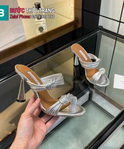 Dép cao gót Aquazzura màu bạc đế tròn cao 9,5cm độc đáo tạo điểm nhấn