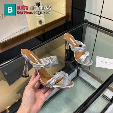 Dép cao gót Aquazzura màu bạc đế tròn cao 9,5cm độc đáo tạo điểm nhấn