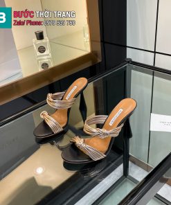 Dép cao gót Aquazzura màu nâu đế tròn cao 9,5cm độc đáo tạo điểm nhấn