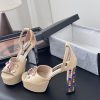 Giày cao gót Chanel màu be đính ngọc lấp lánh đế cao nữ tính