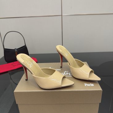 Dép cao gót  Christian Louboutin màu be da bóng cao cấp mũi nhọn cao 10cm
