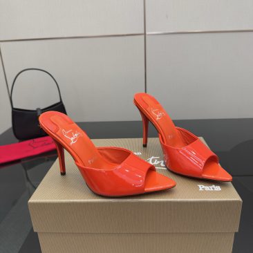 Dép cao gót Christian Louboutin màu cam da bóng cao cấp mũi nhọn cao 10cm