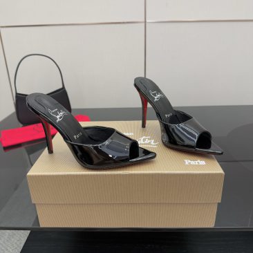 Dép cao gót  Christian Louboutin màu đen da bóng cao cấp mũi nhọn cao 10cm