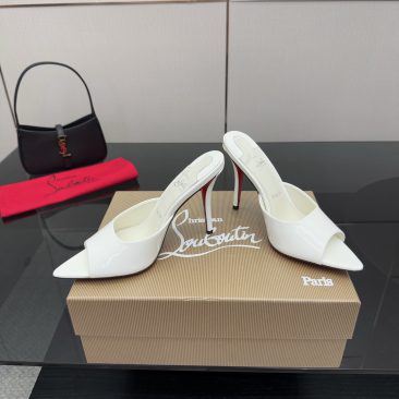 Dép cao gót Christian Louboutin màu trắng da bóng cao cấp mũi nhọn cao 10cm
