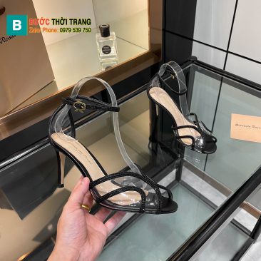 Dép cao gót Gianvito Rossi cao cấp màu đen đính ngọc lấp lánh đế nhỏ tôn dáng cao 10cm