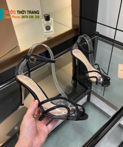Dép cao gót Gianvito Rossi cao cấp màu đen đính ngọc lấp lánh đế nhỏ tôn dáng cao 10cm