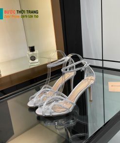 Dép cao gót Gianvito Rossi cao cấp màu bạc đính ngọc lấp lánh đế nhỏ tôn dáng cao 10cm