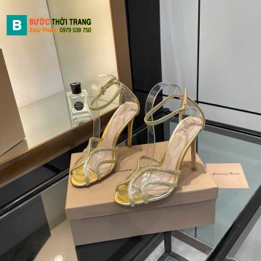 Dép cao gót Gianvito Rossi cao cấp màu vàng đính ngọc lấp lánh đế nhỏ tôn dáng cao 10cm