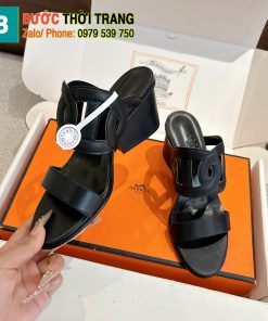 Dép cao gót Hermes siêu cấp màu đen da bò đế gỗ cao 7cm