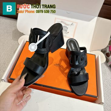 Dép cao gót Hermes siêu cấp màu đen da bò đế gỗ cao 7cm