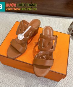 Dép cao gót Hermes siêu cấp màu nâu sang trọng da bò đế gỗ cao 7cm